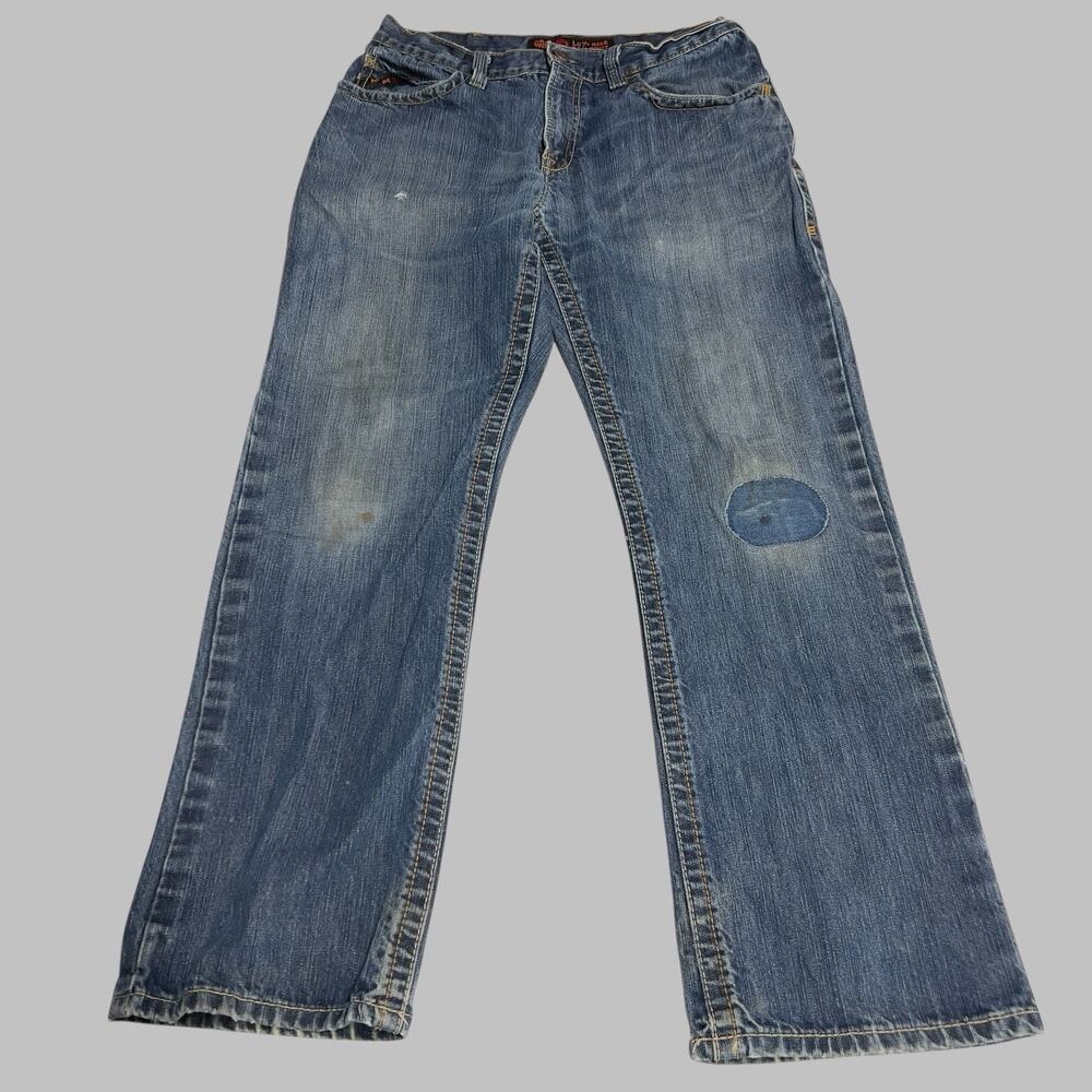 Ariat FR M4 Low-Rise Boot Cut Jeans Mens Size 32x32 Distressed Blue Cotton Denim